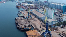 Cranes manage a cargo of logs on May 22, 2024, at Tanjung Emas Port in Semarang, Central Java. 
