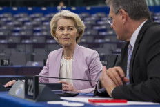 European Commission President Ursula von der Leyen (left) speaks with EU Commissioner for Trade and Economic Security, Interinstitutional Relations and Transparency Maros Sefcovic during a plenary session at the European Parliament in Strasbourg, France, on July 9, 2025.