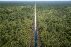 The skies above the South Sumatra village of Lebung Itam are reflected on June 11, 2025, in a narrow canal running through a peatland forest to provide irrigation for a nearby acacia plantation.