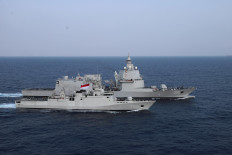 The Indonesian Navy’s KRI Brawijaya 320 (rear) and KRI Sultan Iskandar Muda 367 take part in a passing exercise on the Mediterranean Sea on Aug. 2, 2025.