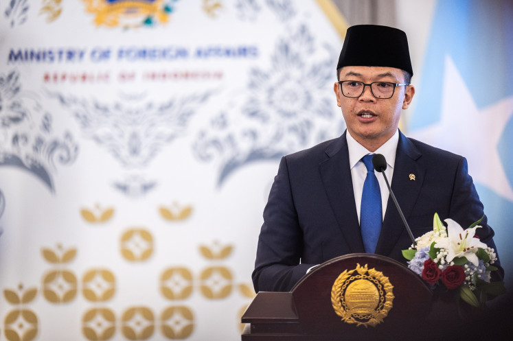 Foreign Minister Sugiono delivers a statement during a joint press briefing after a bilateral meeting with Somalian Foreign Affairs and International Cooperation Minister Abdisalam Abdi Ali at the Foreign Ministry's Pancasila building in Jakarta on July 31, 2025.