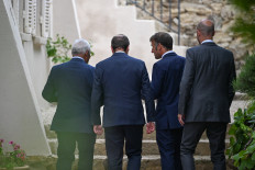 French President Emmanuel Macron and Antonio Costa, President of the European Council, French Minister for Europe and Foreign Affairs Jean-Noel Barrot, and France's Minister of Armed Forces Sebastien Lecornu after an online meeting with other European leaders where they discussed the ongoing war in Ukraine, at Fort de Bregancon in Bormes-les-Mimosas, France on August 13, 2025.
