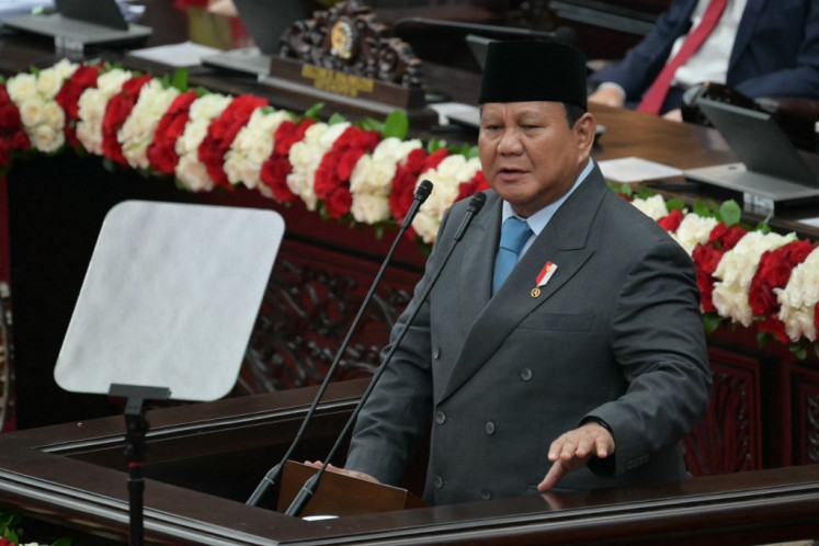 President Prabowo Subianto delivers his annual State of the Nation address during the People's Consultative Assembly (MPR) plenary meeting at the Senayan legislative complex in Jakarta on Aug. 15, 2025, ahead of the country's 80th Independence Day.