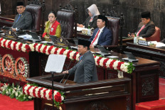 President Prabowo Subianto delivers his annual State of the Nation address during the People's Consultative Assembly (MPR) plenary meeting at the Senayan legislative complex in Jakarta on Aug. 15, 2025, ahead of the country's 80th Independence Day.