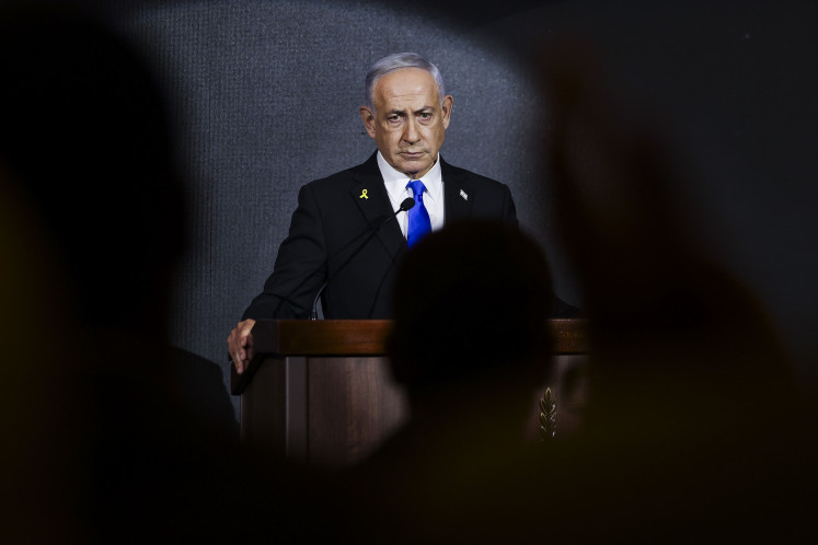 Israeli Prime Minister Benjamin Netanyahu delivers a statement during the United States Independence Day reception, known as the annual “Fourth of July“ celebration, hosted by Newsmax in Jerusalem on Aug. 13, 2025. 