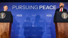 United States President Donald Trump and Russian President Vladimir Putin hold a press conference following their meeting to negotiate an end to the war in Ukraine at Joint Base Elmendorf-Richardson in Anchorage, Alaska, the US, on Aug. 15, 2025.