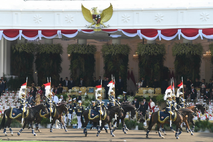 Mounted infantry troops are seen on Aug. 17 at the Merdeka Palace's yard ahead of the annual flag-hoisting ceremony to commemorate the 80th Independence Day in Jakarta.
