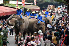 Tourists watch as Sumatran elephants parade in an event to commemorate the 80th anniversary of Independence Day at Taman Safari Indonesia in Cisarua, Bogor regency, West Java, on Aug. 16, 2025.