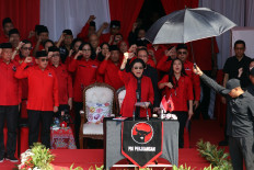 Indonesian Democratic Party of Struggle (PDI-P) chairwoman Megawati Soekarnoputri (center) delivers a speech on Aug. 17, 2025, at an event to commemorate the 80th anniversary of the Independence Day at the party's headquarters in Jakarta.