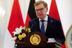 German Foreign Minister Johann Wadephul speaks during a press briefing after a meeting with Foreign Minister Sugiono at the Foreign Ministry's office in Jakarta on Aug. 20, 2025.