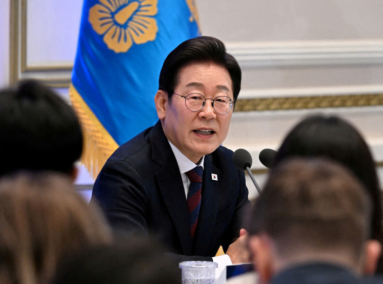 South Korean President Lee Jae Myung delivers a speech during a press conference to mark his first 30 days in office at Yeongbingwan of Blue House in Seoul, South Korea on July 3, 2025.