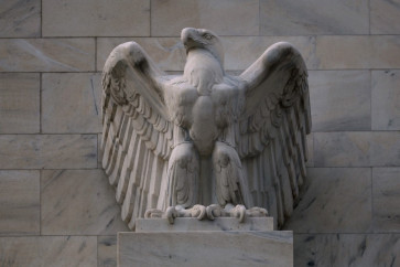 The eagle statue sits on the Marriner S. Eccles building of the Federal Reserve Board on Aug. 6, 2025 in Washington, DC.