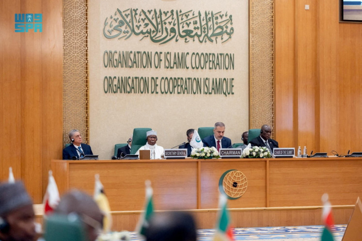 Turkey's Foreign Minister Hakan Fidan speaks at an emergency ministerial meeting of the Organization of Islamic Cooperation, held to discuss the ongoing Israeli actions in Gaza, in Jeddah, Saudi Arabia, on Aug. 25, 2025. 