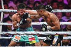 This file photo taken on September 3, 2024 shows Japan's Yoshiki Takei (right) and Japan's Daigo Higa fighting during their WBO bantamweight title boxing match at Ariake Arena in Tokyo.  