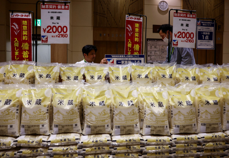 Government-stockpiled rice aimed at resolving persisting price rises is displayed at a grocery store in Tokyo on May 31, 2025.