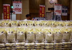 Government-stockpiled rice aimed at resolving persisting price rises is displayed at a grocery store in Tokyo on May 31, 2025.