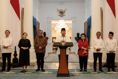 President Prabowo Subianto reacts as he speaks about a recent wave of nationwide protests during a press conference alongside political party leaders at the State Palace in Jakarta on Aug. 31, 2025. 