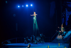 Goddess in green: Singer Yura Yunita descends from the ceiling of the Indonesia Arena on a sling while performing "Mahadewi" on Aug. 23, 2025, during Pagelaran Sabang Merauke (the Indonesian Broadway) show titled Hikayat Nusantara at Gelora Bung Karno in Senayan, Central Jakarta. The soaring rendition became one of the night’s defining moments. (Courtesy of Pagelaran Sabang Merauke)