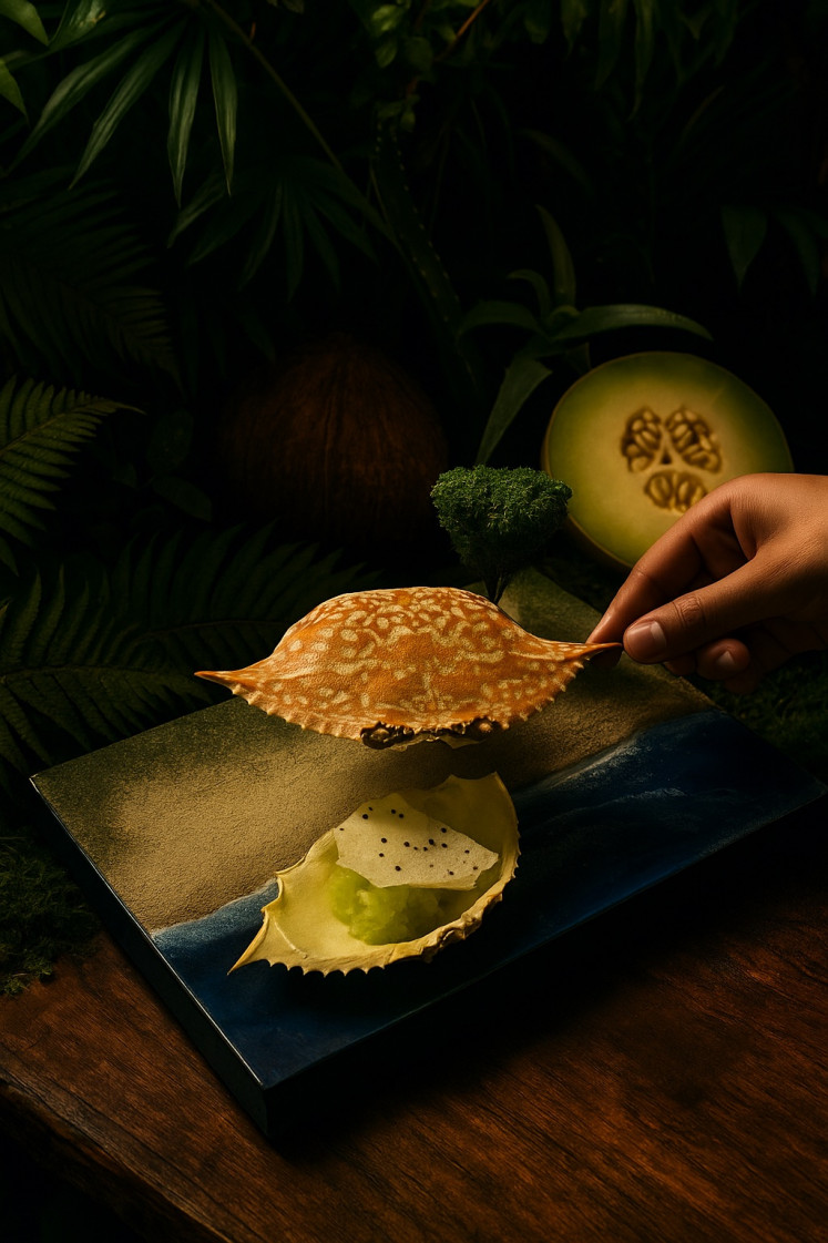 A crab-shaped plate reveals coconut jelly, aloe vera and melon. Cancer’s sweetness in edible form.
