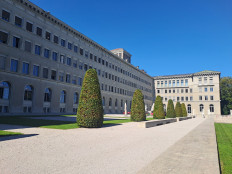 The back garden of the World Trade Organization headquarters in Geneva, Switzerland, is seen empty on Sept. 15 next to Lake Geneva ahead of the WTO Public Forum.