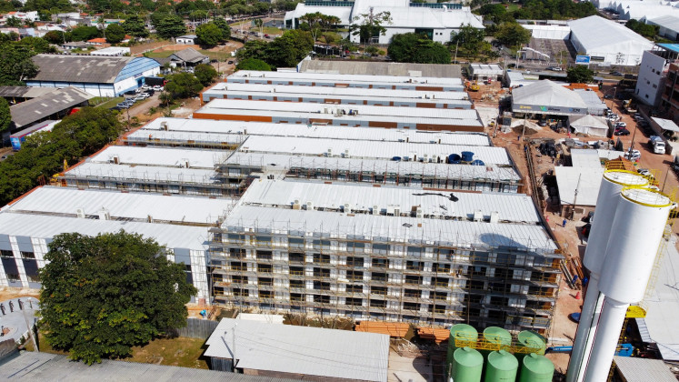 A drone view shows the construction site of Vila dos Lideres (Village of Leaders) of COP30 climate summit as workers strike in Belem, Para state, Brazil on Sept. 19, 2025.