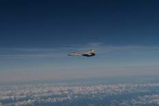 A still photo published by Swedish armed forces on Sept. 19, 2025 that it says shows a Russian Mig-31 fighter jet that took part in the violation of Estonian airspace. Swedens military says the image was taken over the Baltic sea after the Russian aircraft left Estonian airspace.
