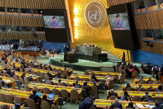 President Prabowo Subianto (top, center) speaks at a United Nations General Assembly meeting organized by France and Saudi Arabia in support of a two-state solution between Palestine and Israel as world leaders arrive for the 80th session of the UN’s General Assembly (UNGA) on Sept. 22 in New York City, the United States. In his speech, the President reiterated Indonesia's support for Palestinian cause, asserting the two-state solution as the only way for peace in the region.