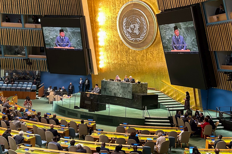 President Prabowo Subianto (on podium) delivers his views at the High-Level International Conference (HLIC) on a peaceful settlement of the Palestinian issue and the implementation of the two-state solution on Monday at the United Nations headquarters in New York. President Prabowo reaffirmed Indonesia’s support for the New York Declaration, which recognizes the two-state solution as the only path toward lasting peace between Palestine and Israel.