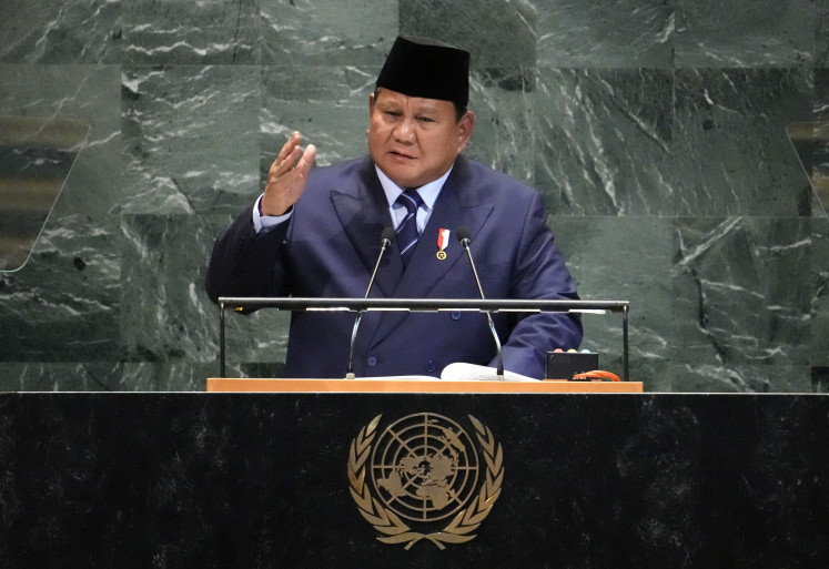 President Prabowo Subianto speaks on Sept. 23 during the General Debate of the United Nations General Assembly at the UN headquarters in New York City.