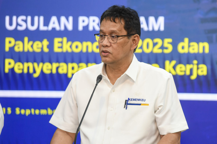 Finance Minister Purbaya Yudhi Sadewa provides information regarding the economic package program after a coordination meeting with President Prabowo Subianto at the Presidential Office in Jakarta on Sept. 15.