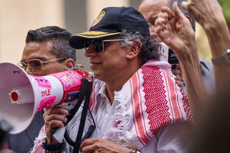 Colombian President Gustavo Petro addresses pro-Palestinian demonstrators at Dag Hammarskjold Plaza outside United Nations headquarters during the 80th UN General Assembly in New York City, the United States, on Sept. 26, 2025.