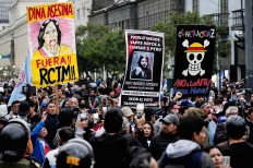 Protesters participate in a demonstration organised by a youth collective called “Generation Z“ to express discontent over a controversial pension reform plan, as well as the government of Peru's President Dina Boluarte, whose approval ratings have plummeted due to ongoing scandals and rising crime, in Lima, Peru, on Sept. 27, 2025.