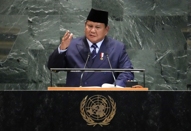 President Prabowo Subianto speaks on Sept. 23 during the General Debate of the United Nations General Assembly at the UN headquarters in New York City. 