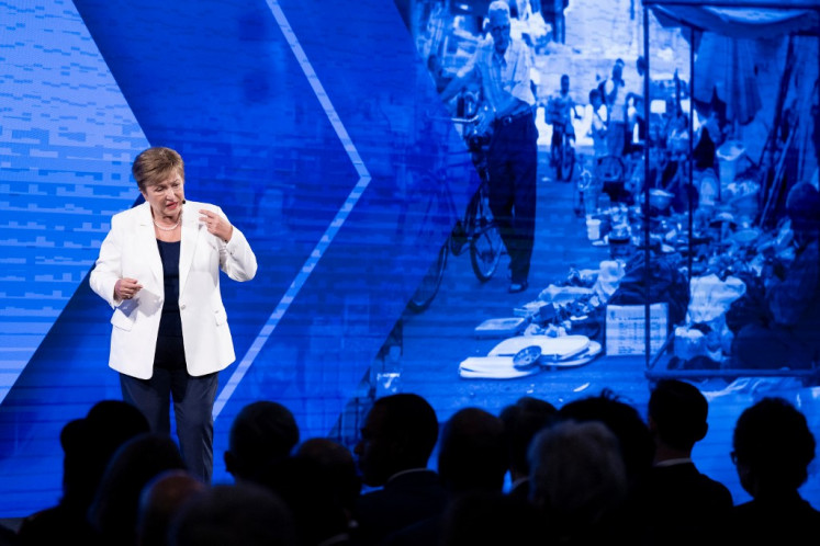 IMF Managing Director Kristalina Georgieva speaks at the Milken Institute ahead of the World Bank and International Monetary Fund annual meetings in Washington, DC, on Oct. 8, 2025.