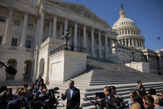 US House Minority Leader Hakeem Jeffries (D-NY) speaks to members of the media on the ongoing Congressional government shutdown negotiations outside of the US Capitol Building on Oct. 09, 2025 in Washington, DC.