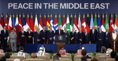US President Donald Trump (center) delivers a statement during a summit on Gaza in Sharm el-Sheikh on October 13, 2025. US President Donald Trump hailed a “tremendous day for the Middle East“ as he and regional leaders signed a declaration on October 13, 2025 meant to cement a ceasefire in Gaza, hours after Israel and Hamas exchanged hostages and prisoners.