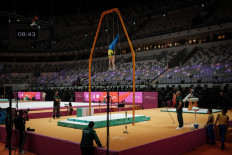A Brazilian gymnast trains at the Indonesia Arena stadium in Jakarta on Oct. 16, 2025, ahead of the 53rd FIG Artistic Gymnastics World Championships. The championships will be held from Oct. 19 to 25, 2025 for the first time in a Southeast Asian country.