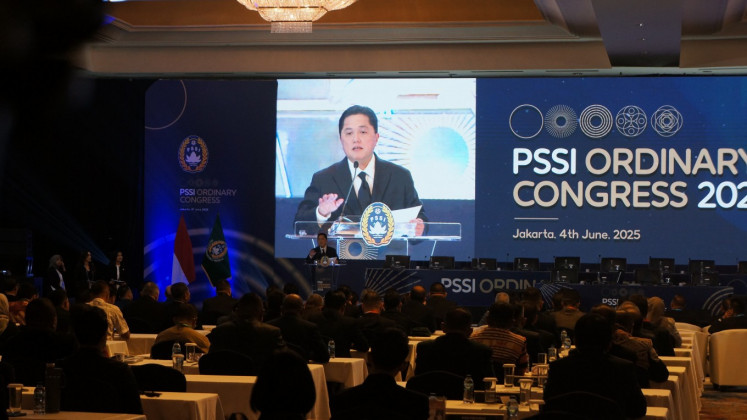 Soccer restructuring: Soccer Association of Indonesia (PSSI) chairman Erick Thohir speaks during the federation’s congress on June 4, at the Ritz-Carlton Hotel in Jakarta. A key outcome of the meeting was an agreement to strengthen coordination between the government, PSSI and regional associations. 