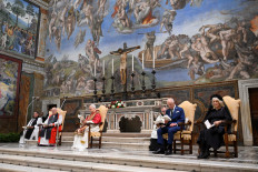 Pope Leo XIV leads an ecumenical prayer with Archbishop of York Stephen Cottrell as Britain's King Charles and Queen Camilla attend, in a historic first joint act of worship between an English monarch and a Pope in 500 years, in the Sistine Chapel, at the Vatican October 23, 2025. 