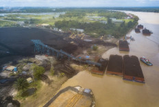 Coal storage barges float in a yard next to the Batanghari River in Muaro Jambi, Jambi, on May 6, 2024. 