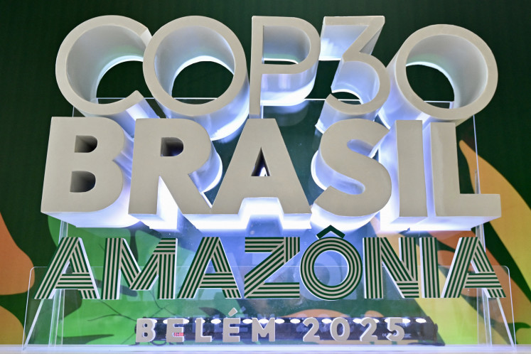 This image shows the COP30 logotype, displayed at the pre-COP30 preparatory meeting which brings together ministers responsible for climate negotiations, in Brasília, Brasil, on October 13, 2025. Brazil is banking on next month's much-hyped climate summit in the Amazon to show the world that unity in the face of climate crisis is still possible.