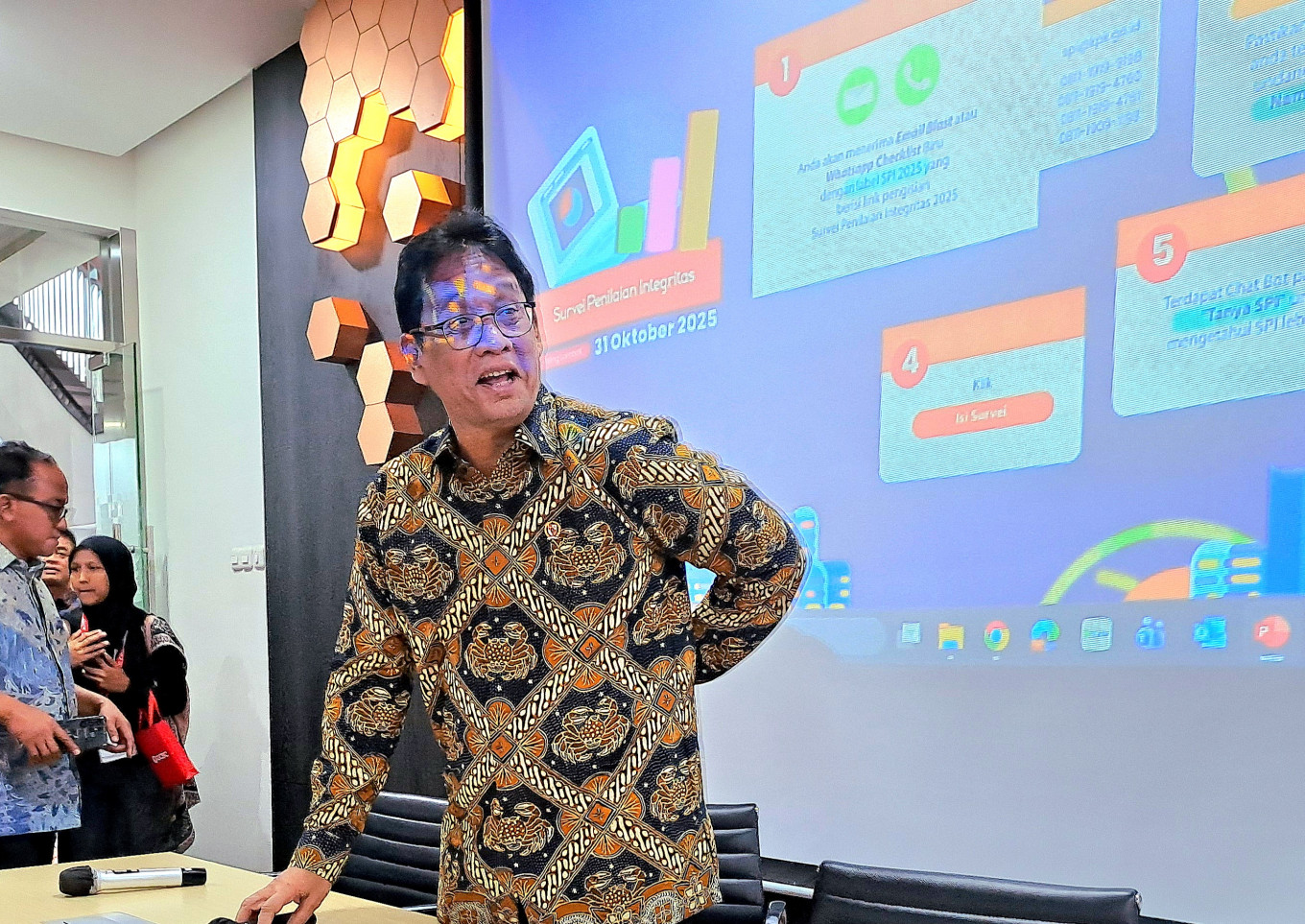 Finance Ministry Purbaya Yudhi Sadewa speaks to reporters about the ministry's efforts to fix the faulty Coretax IT system, on Oct. 24, 2025, at the Finance Ministry's press room in Jakarta.