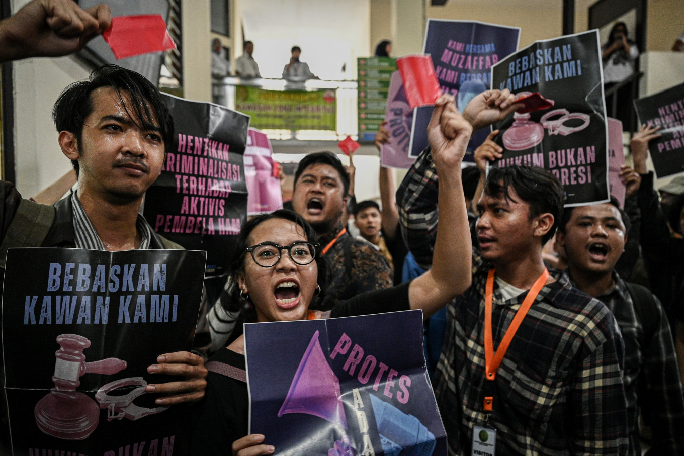 Activists stage a rally at the South Jakarta District Court on Oct. 27, 2025 after the court rejected a pretrial motion filed by fellow activist Delpedro Marhaen, who claimed the police had acted without due process when they named him a suspect for inciting riots during August's nationwide protests.