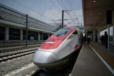 The Jakarta-Bandung high-speed train named 'Whoosh' is seen after the inauguration on Oct. 2, 2023, at Padalarang station in Padalarang, West Java.