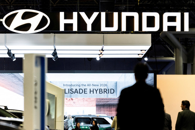 Hyundai signage is seen at the New York International Auto Show Press Preview in New York City, US, on April 16, 2025.