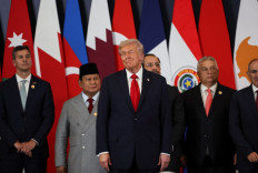 President Prabowo Subianto (second left) stands among other world leaders (from left) Paraguayan President Santiago Peña, United States President Donald Trump Cypriot President Nikos Christodoulides and Hungarian Prime Minister Viktor Orbán as they gather for a photo op on Oct. 13 during the 2025 Gaza Peace Summit, also known as the Sharm el-Sheikh summit after the Egyptian city that hosted the event.