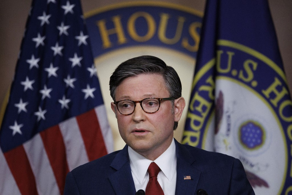 US House Speaker Mike Johnson delivers remarks to reporters on Nov. 10, 2025 on Capitol Hill in Washington, DC. The Senate reached a deal late Sunday to fund the government, aiming to end the longest shutdown in history.