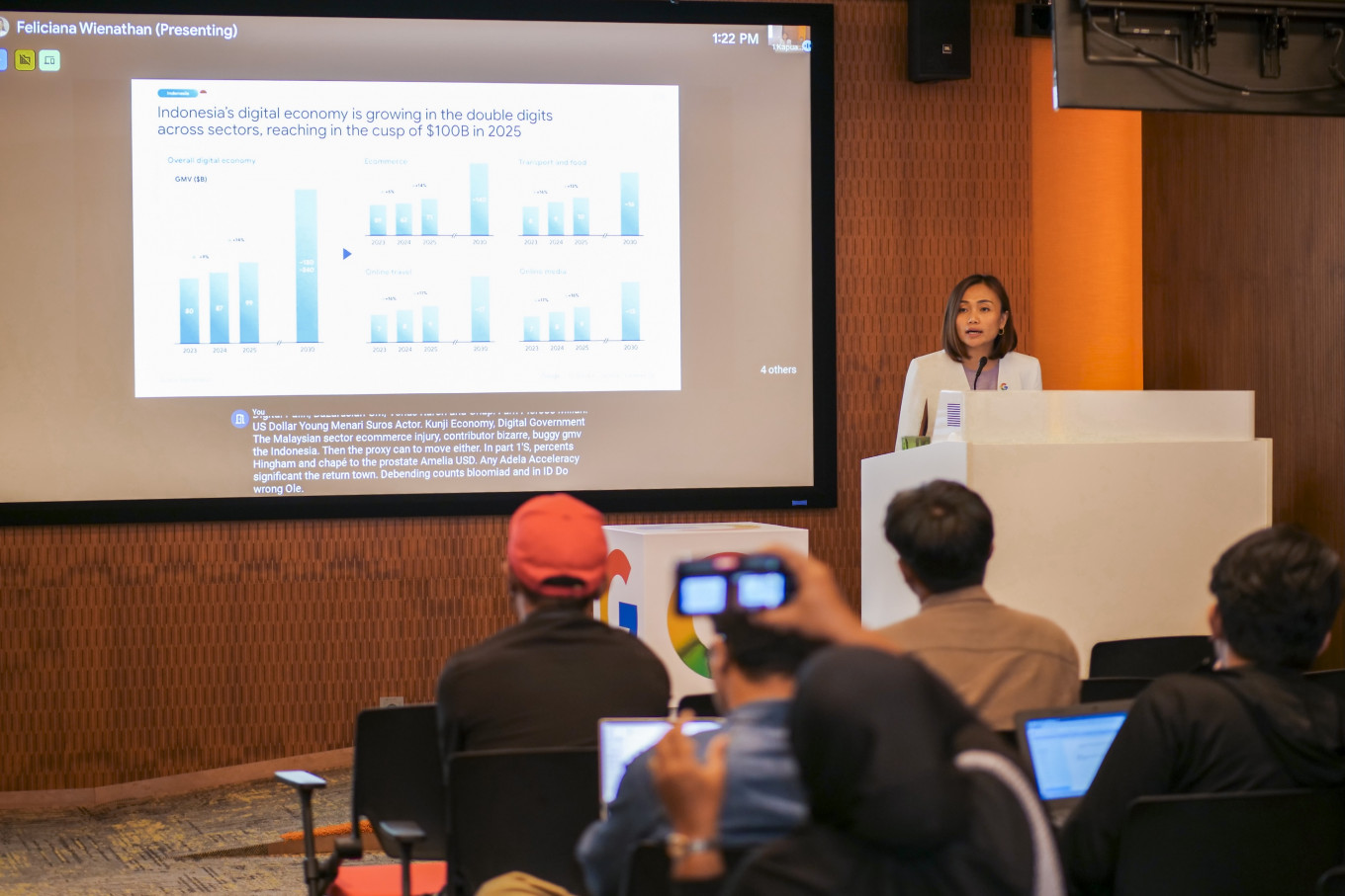 Google Indonesia Country Director Veronica Utami speaks in a media briefing on Thursday, on the e-Conomy Southeast Asia report. The annual report has been published by tech giant Google, Singapore-based Temasek and the United States-based research firm Bain & Company.
