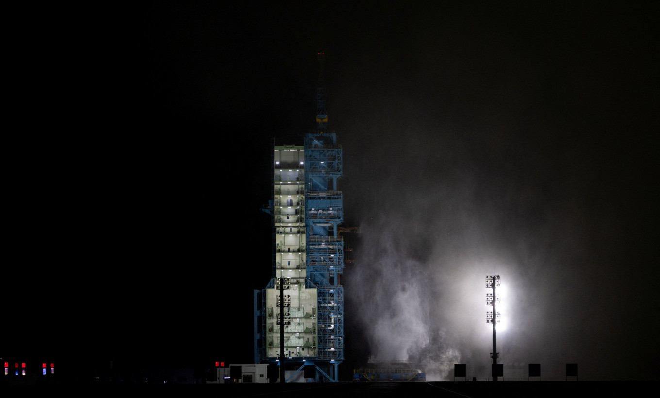A view on the launchpad after Long March 2F rocket carrying the Shenzhou-21 spacecraft with astronauts Zhang Hongzhang, Zhang Lu, and Wu Fei blasted off to China's Tiangong space station from the launchpad at the Jiuquan Satellite Launch Center, near Jiuquan, Gansu province, China on Oct. 31, 2025.