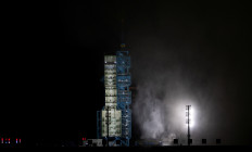 A view on the launchpad after Long March 2F rocket carrying the Shenzhou-21 spacecraft with astronauts Zhang Hongzhang, Zhang Lu, and Wu Fei blasted off to China's Tiangong space station from the launchpad at the Jiuquan Satellite Launch Center, near Jiuquan, Gansu province, China on Oct. 31, 2025.